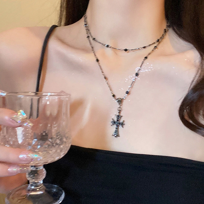 Hip-hop Retro Cross Zircon Double Layer Women's Necklace