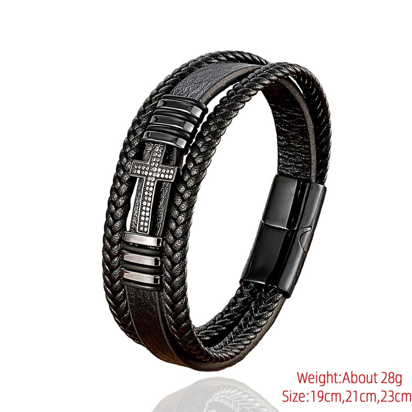 Hip-hop Retro Cross Zircon Inlaid Leather and Metal Bracelet for Men and Women