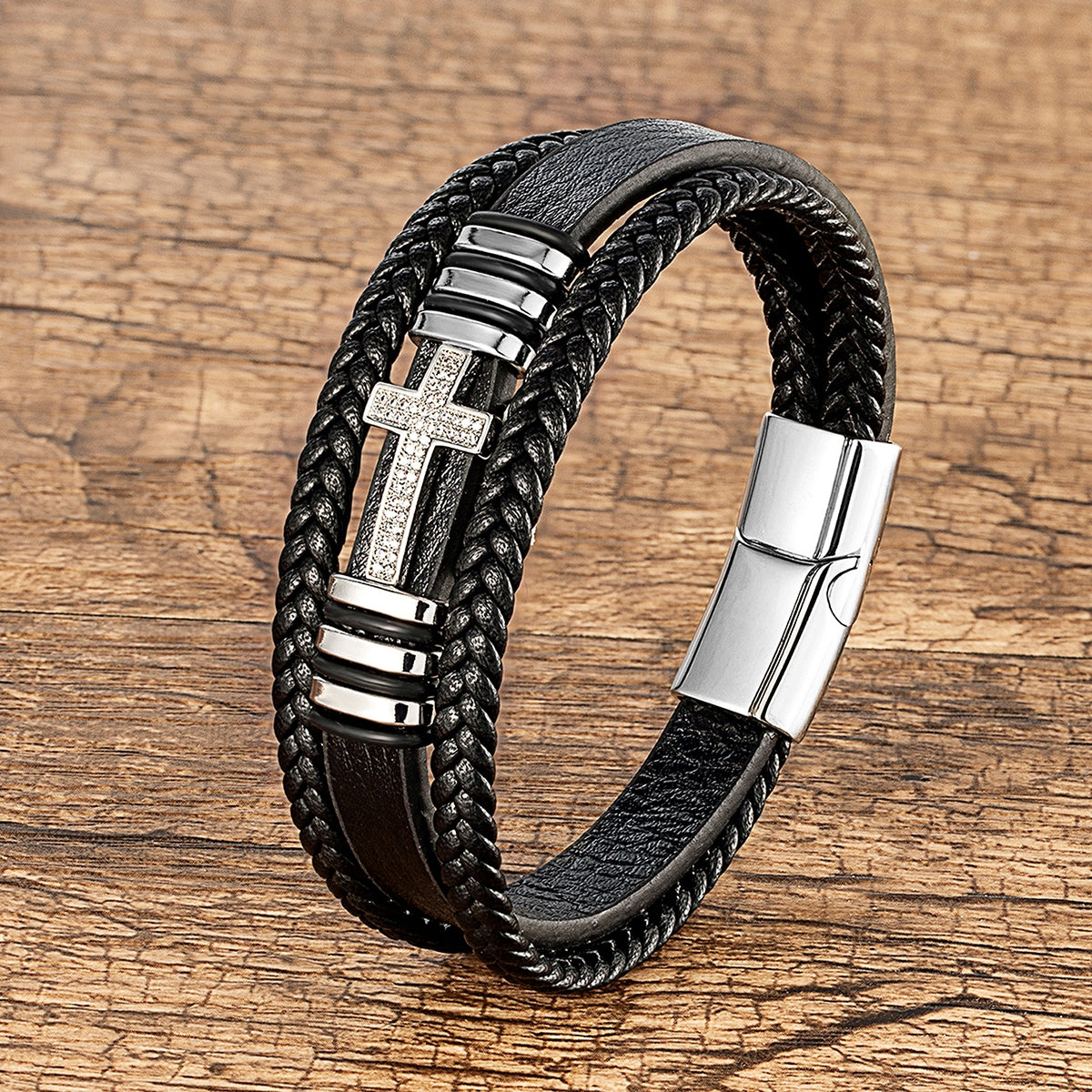 Hip-hop Retro Cross Zircon Inlaid Leather and Metal Bracelet for Men and Women