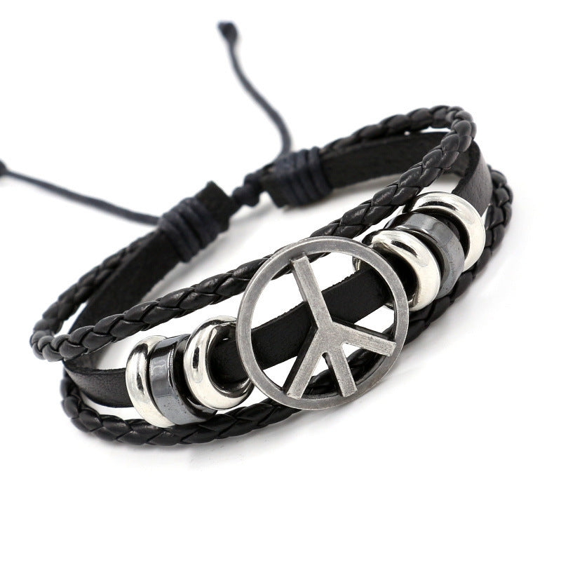 Hip-hop Retro Geometric PU Leather Peace Symbol Unisex Bracelet