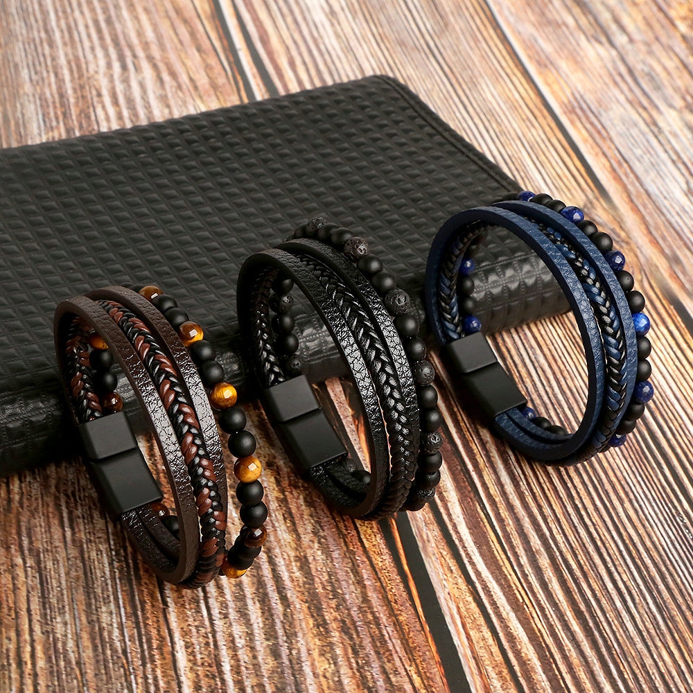 Hip-hop Retro Round PU Leather Natural Stone Men's Bracelet with Stainless Steel and Obsidian Beads