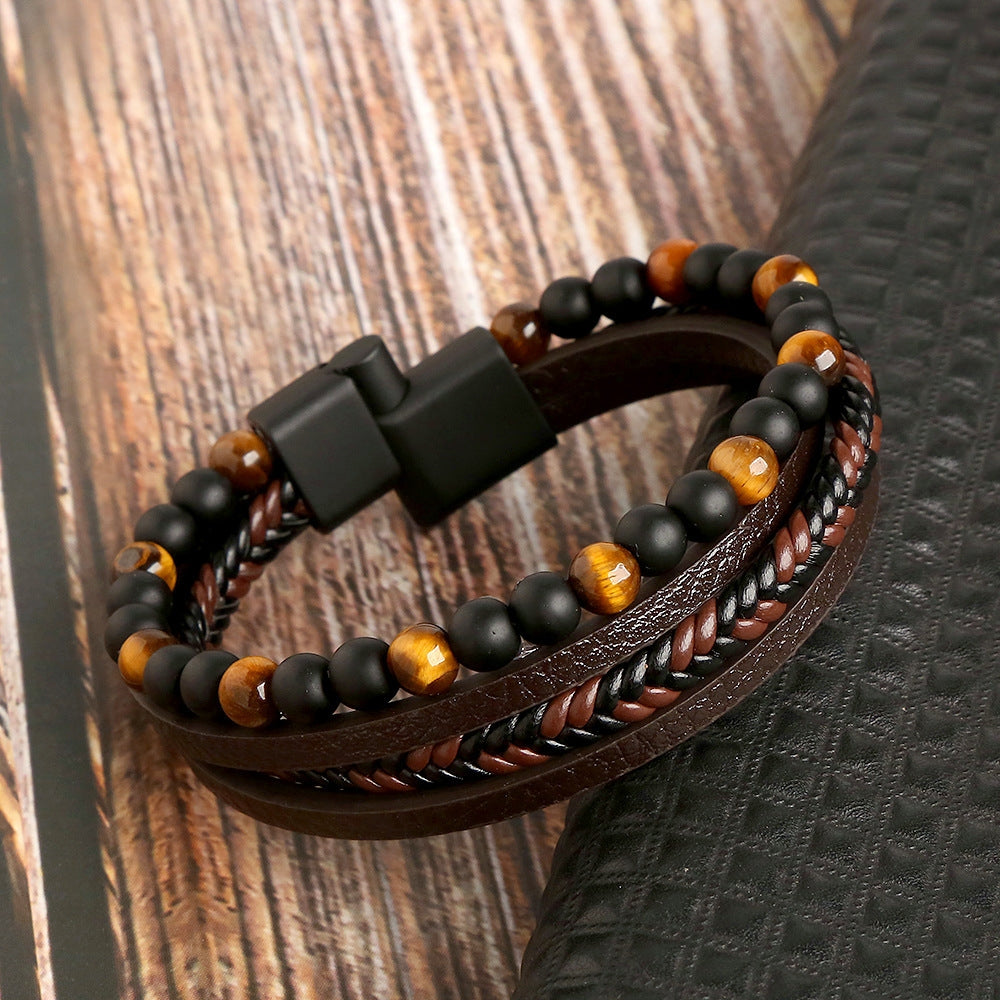 Hip-hop Retro Round PU Leather Natural Stone Men's Bracelet with Stainless Steel and Obsidian Beads