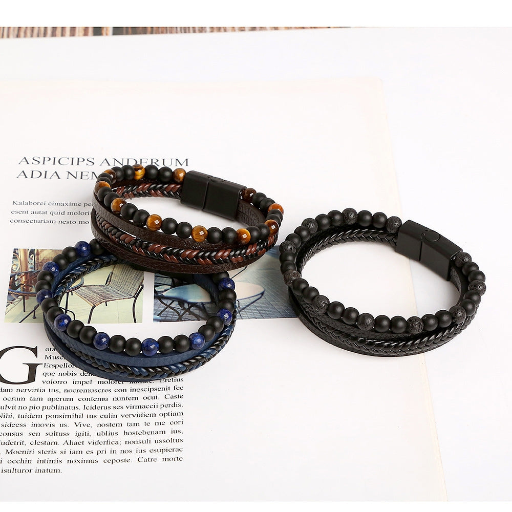 Hip-hop Retro Round PU Leather Natural Stone Men's Bracelet with Stainless Steel and Obsidian Beads