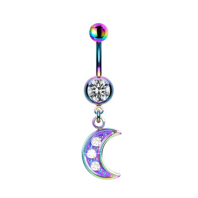 Hip-hop Rock Starry Sky Moon Rhinestone Belly Ring Stainless Steel Alloy White Gold Plated