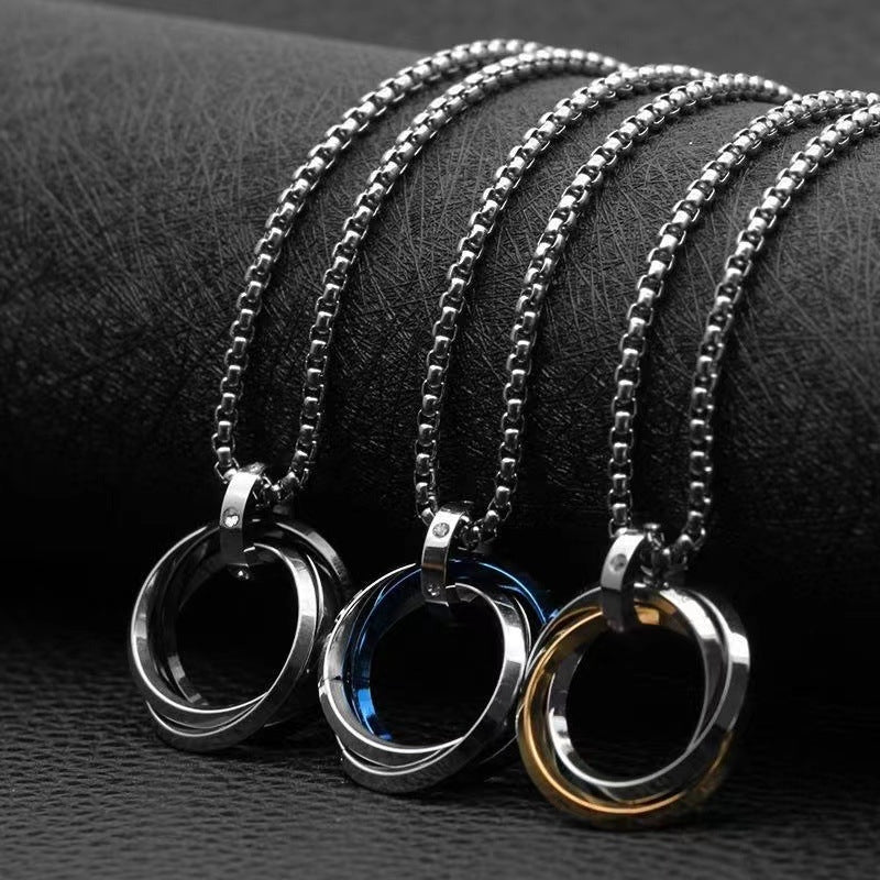 Hip-hop Stainless Steel Triple Ring Pendant Necklace for Men