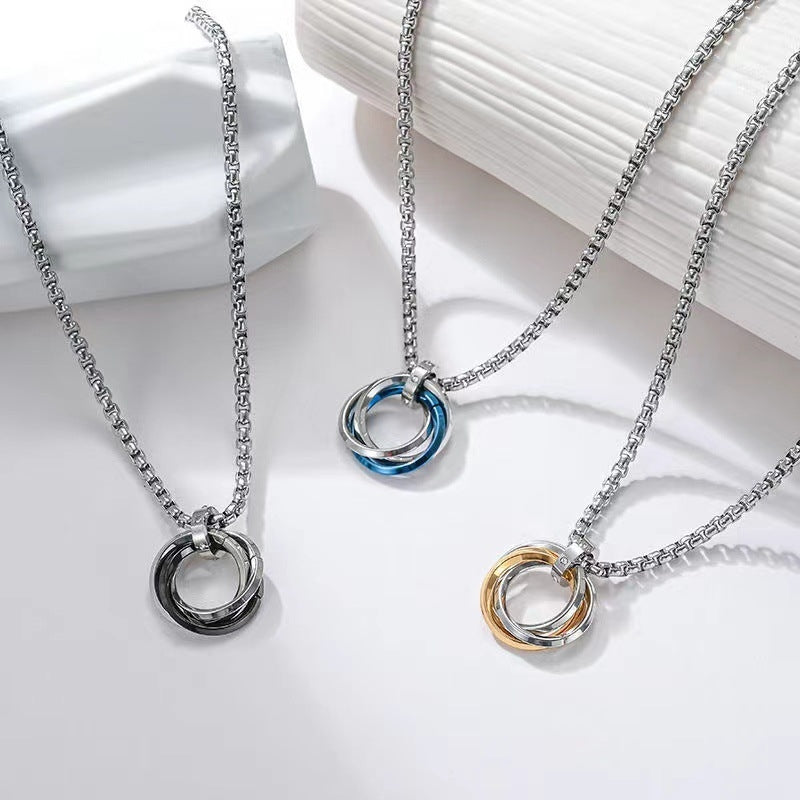 Hip-hop Stainless Steel Triple Ring Pendant Necklace for Men