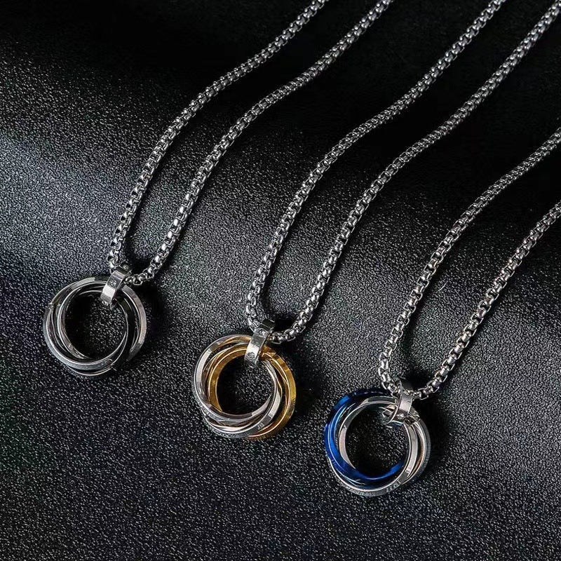 Hip-hop Stainless Steel Triple Ring Pendant Necklace for Men