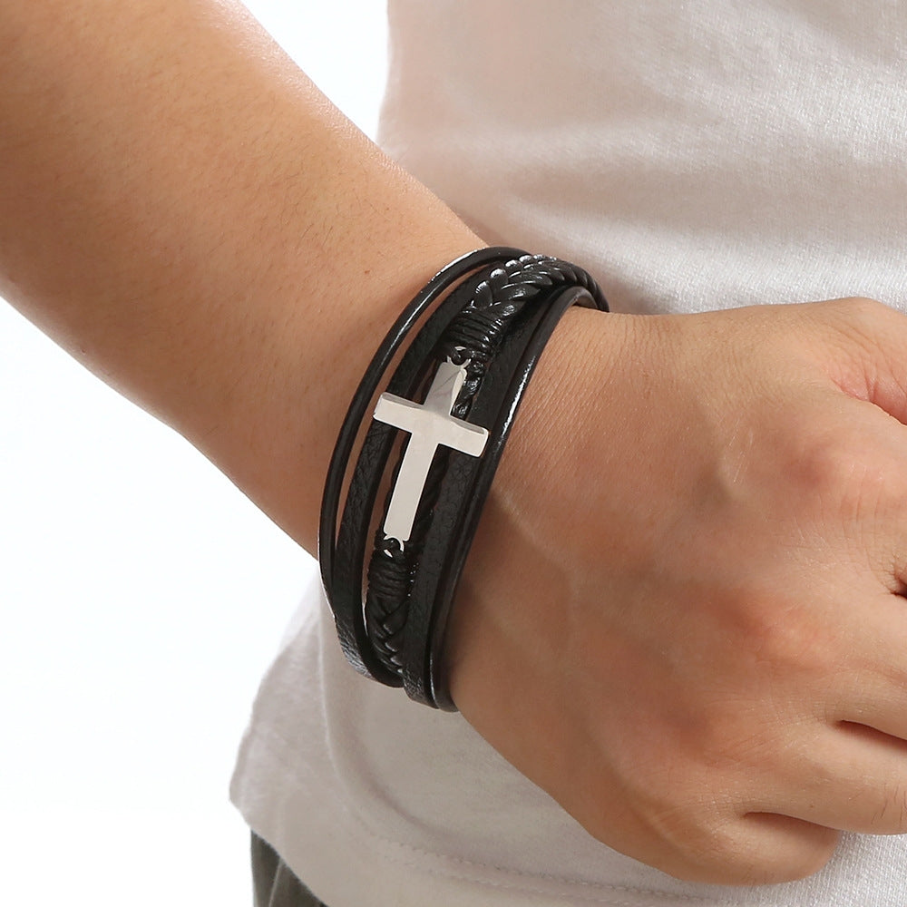 Hip-hop Roman Cross Stainless Steel Multi-layer Braided Leather Men's Bracelet