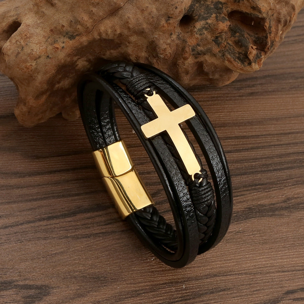 Hip-hop Roman Cross Stainless Steel Multi-layer Braided Leather Men's Bracelet