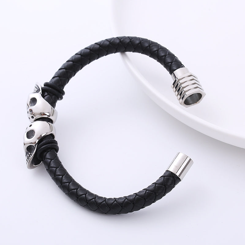 Men's Skull Stainless Steel Leather Bracelet - Woven Titanium Steel Design