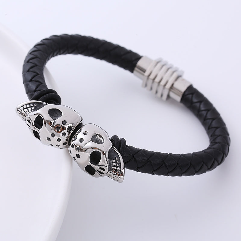 Men's Skull Stainless Steel Leather Bracelet - Woven Titanium Steel Design