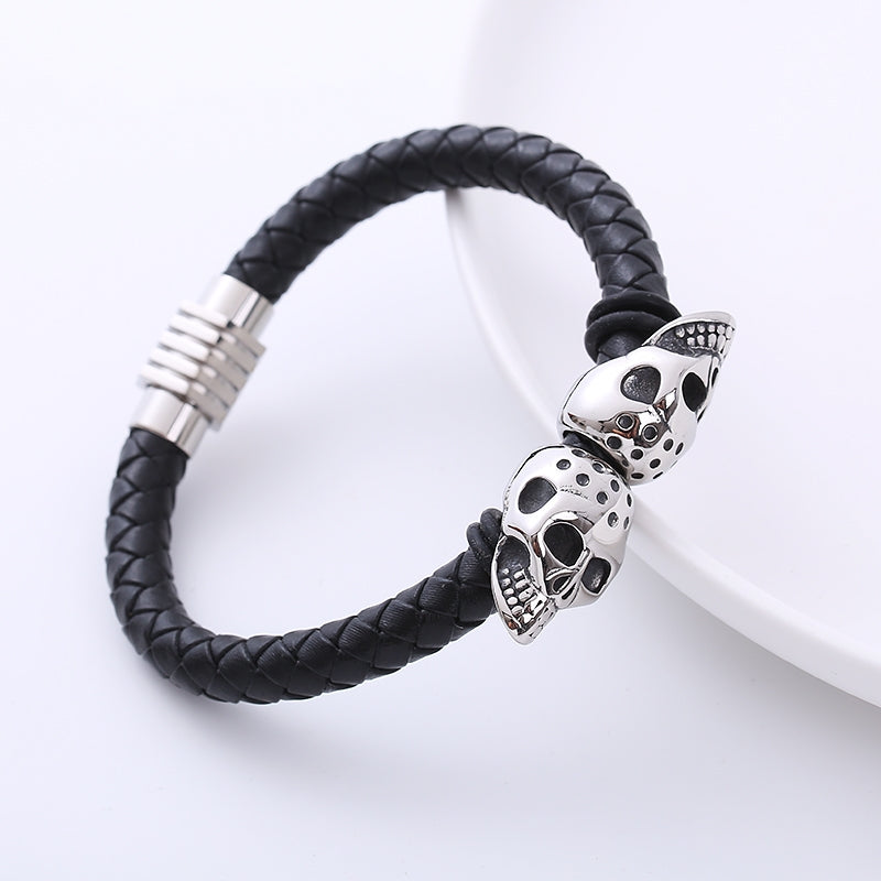 Men's Skull Stainless Steel Leather Bracelet - Woven Titanium Steel Design