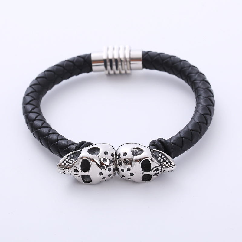 Men's Skull Stainless Steel Leather Bracelet - Woven Titanium Steel Design
