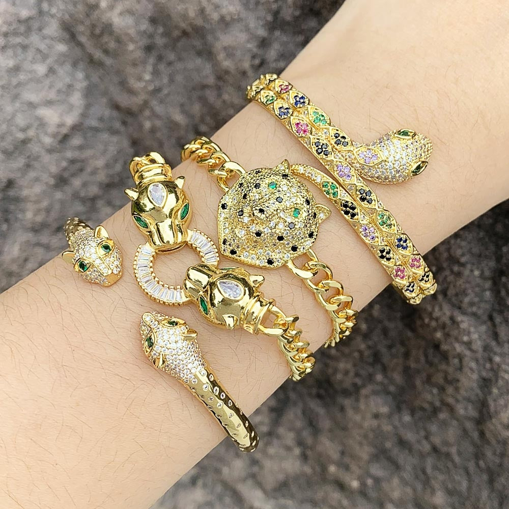 Hip-hop Leopard Snake Gold Plated Zircon Cuff Bangle