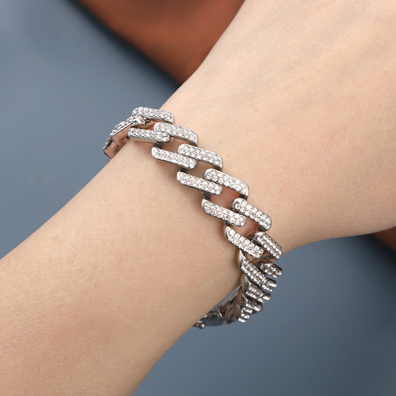 Unisex Hip-Hop Alloy Bracelet with Artificial Diamond Inlay and Cuban Chain Necklace