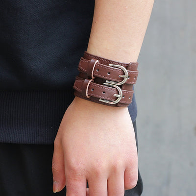 Hip-hop Double-Row Leather Alloy Bangle Bracelet