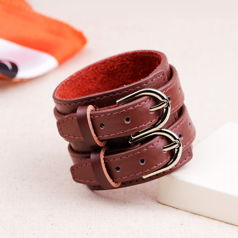 Hip-hop Double-Row Leather Alloy Bangle Bracelet