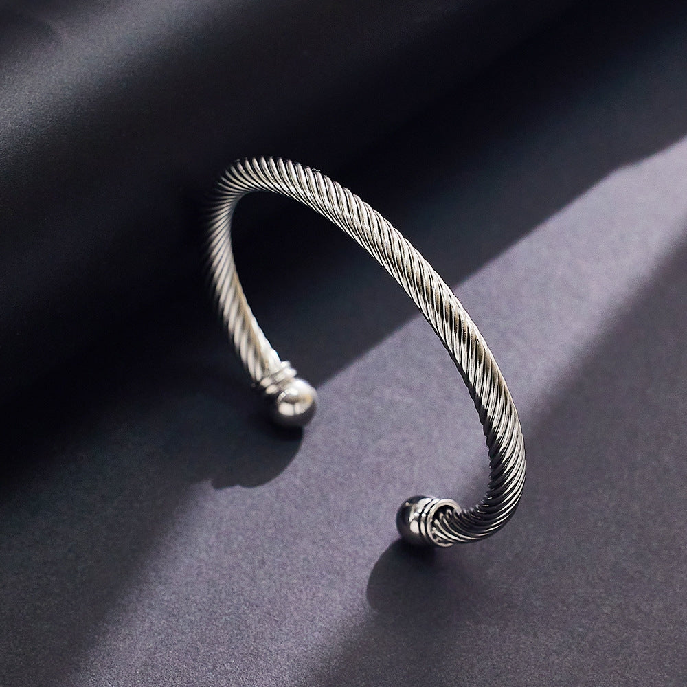 Hip-hop Spiral Stripe Titanium Steel Twisted Cable Bracelet for Men