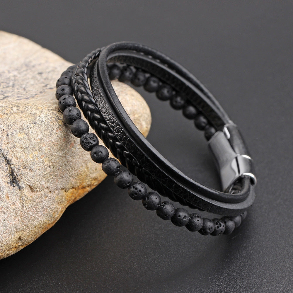 Hip-hop Stainless Steel Leather Braided Men's Bracelet