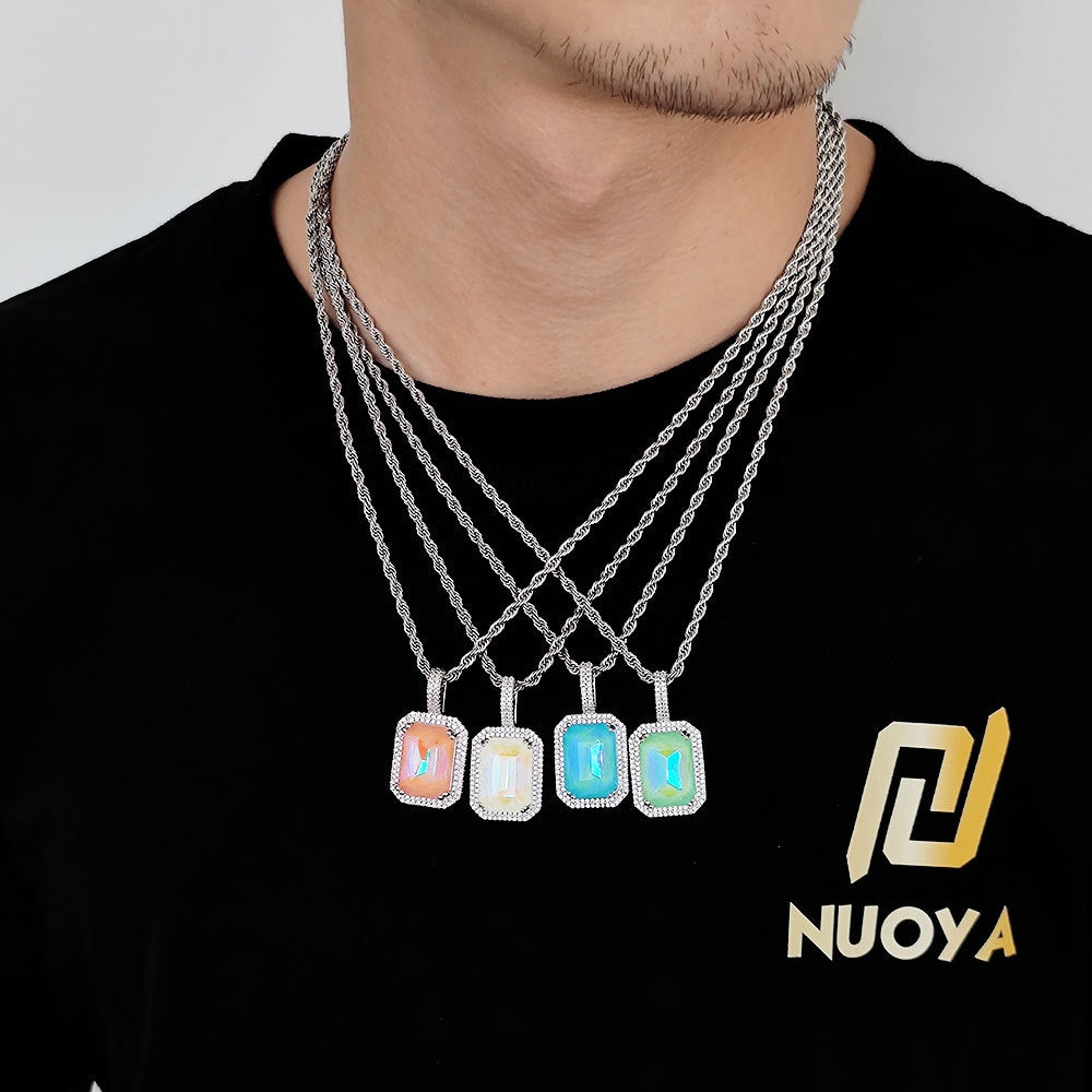 Hip-hop Square Zircon Gemstone Pendant Necklace