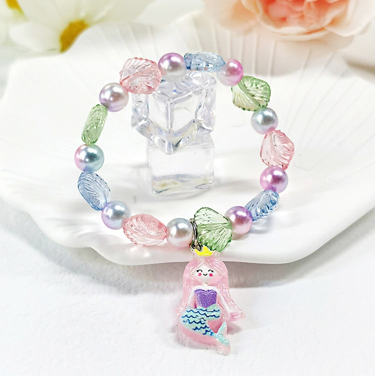 Cartoon Children's Candy Color Beaded Bracelet with Resin Mermaid and Unicorn Pendant