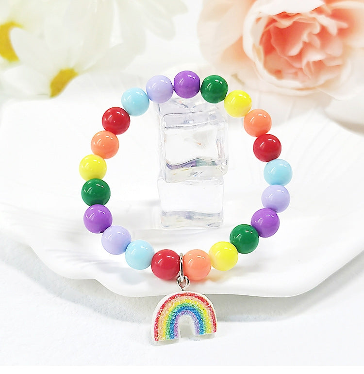 Cartoon Children's Candy Color Beaded Bracelet with Resin Mermaid and Unicorn Pendant
