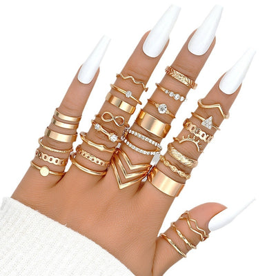 IG Style Geometric Alloy Rhinestone Women's Ring Set - 30 Pieces Fashionable Multi-Joint Rings