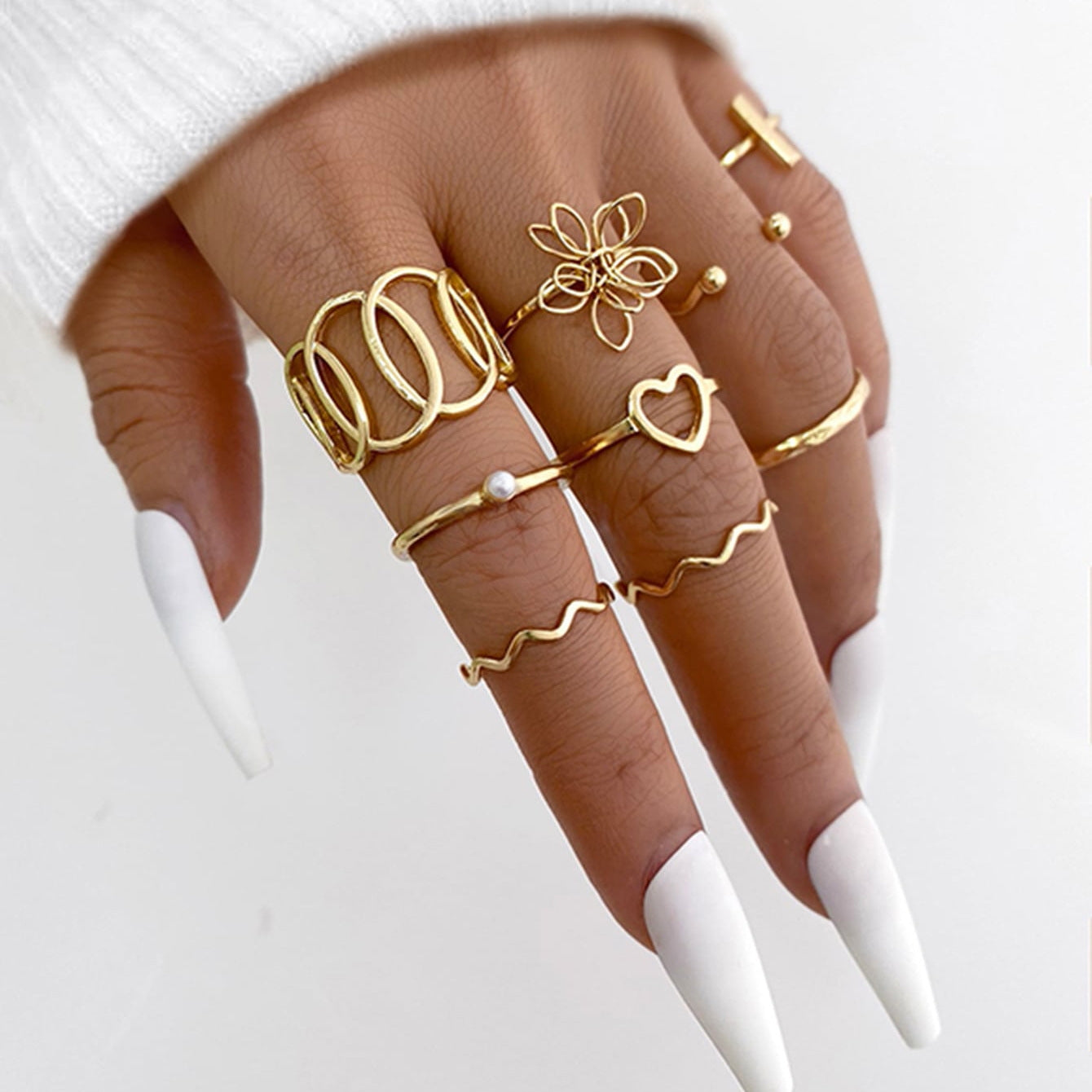 IG Style Geometric Heart Flower Pearl Inlay Gold Open Adjustable Ring Set - 9 Pieces