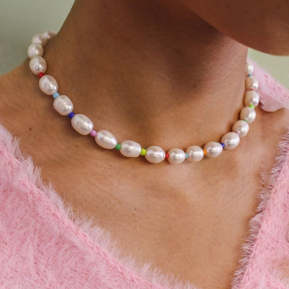 IG Style Color Block Freshwater Pearl and Seed Bead Copper Choker Necklace