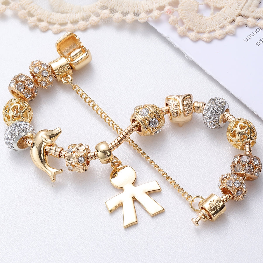 IG Style Cute Flower Whale & Gold Dolphin Beaded Bracelet - Kid's & Women's Gold Plated Snake Chain
