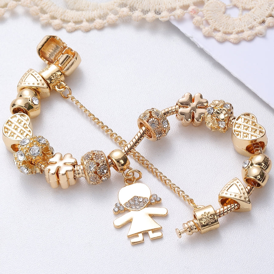 IG Style Cute Flower Whale & Gold Dolphin Beaded Bracelet - Kid's & Women's Gold Plated Snake Chain