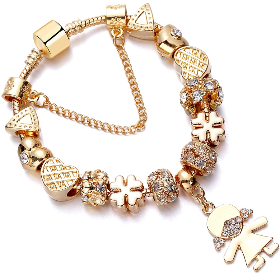 IG Style Cute Flower Whale & Gold Dolphin Beaded Bracelet - Kid's & Women's Gold Plated Snake Chain