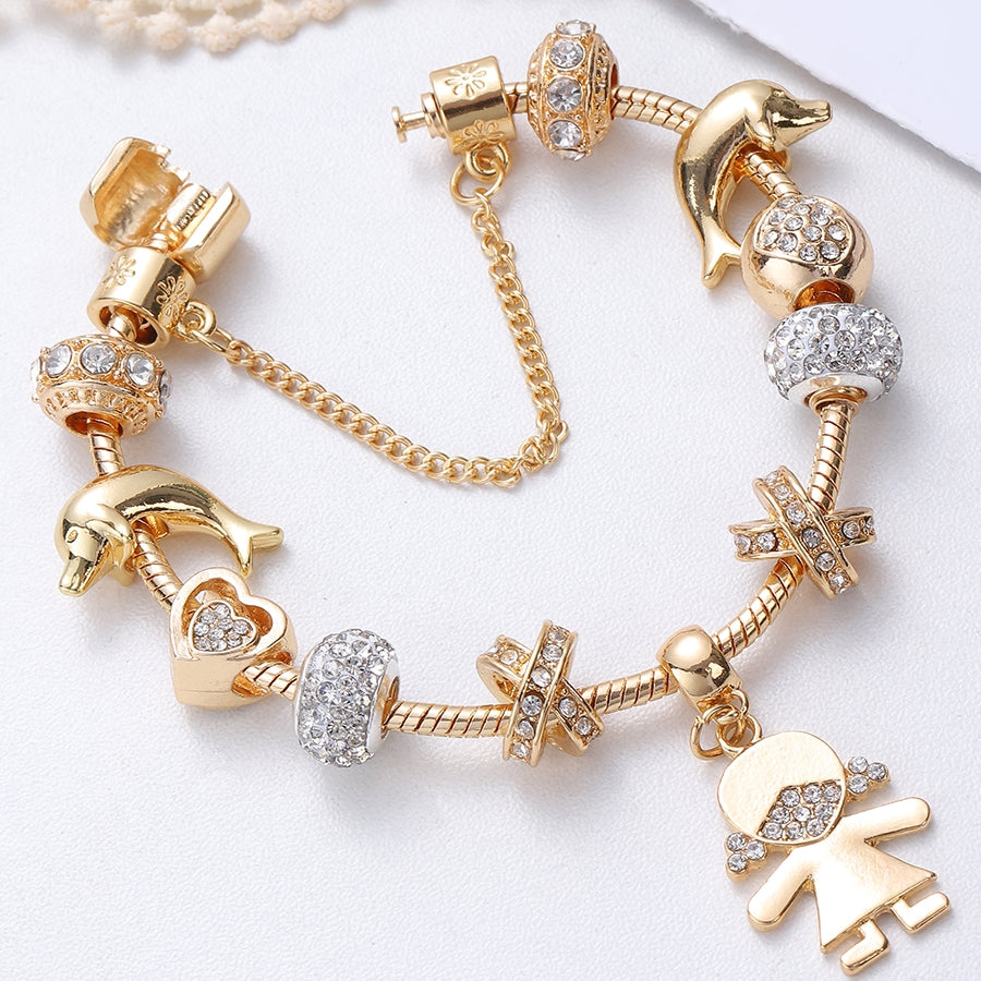 IG Style Cute Flower Whale & Gold Dolphin Beaded Bracelet - Kid's & Women's Gold Plated Snake Chain