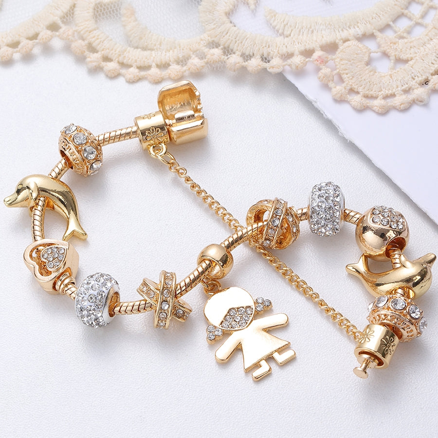 IG Style Cute Flower Whale & Gold Dolphin Beaded Bracelet - Kid's & Women's Gold Plated Snake Chain