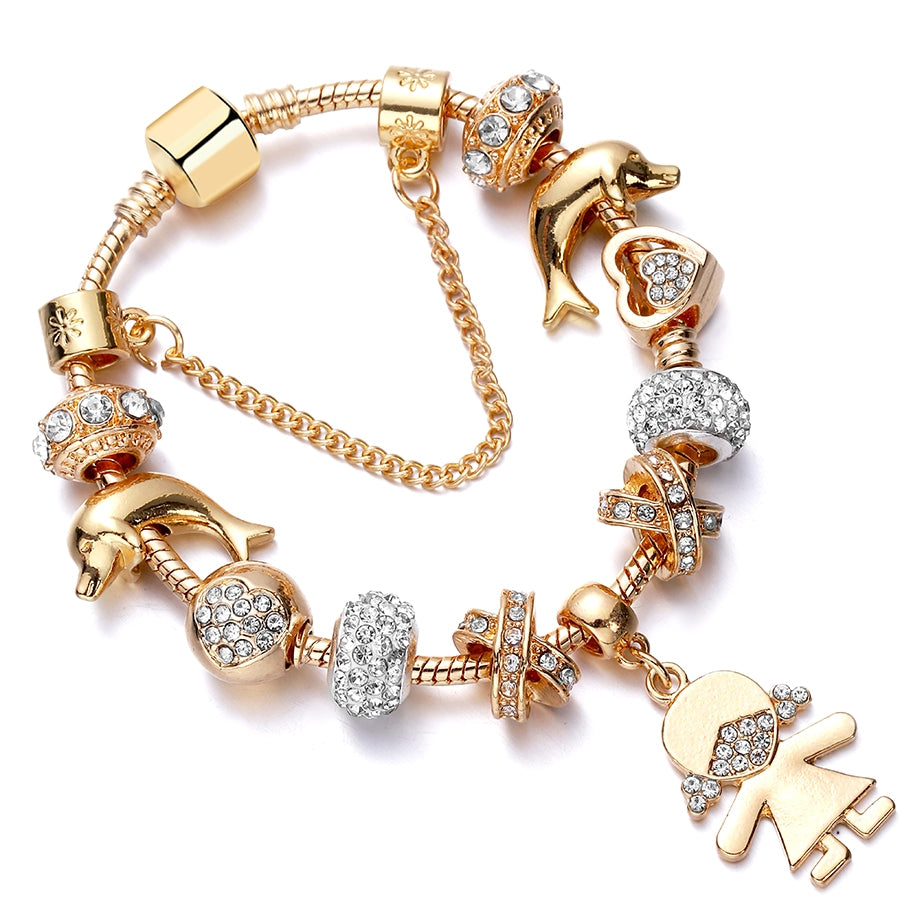 IG Style Cute Flower Whale & Gold Dolphin Beaded Bracelet - Kid's & Women's Gold Plated Snake Chain