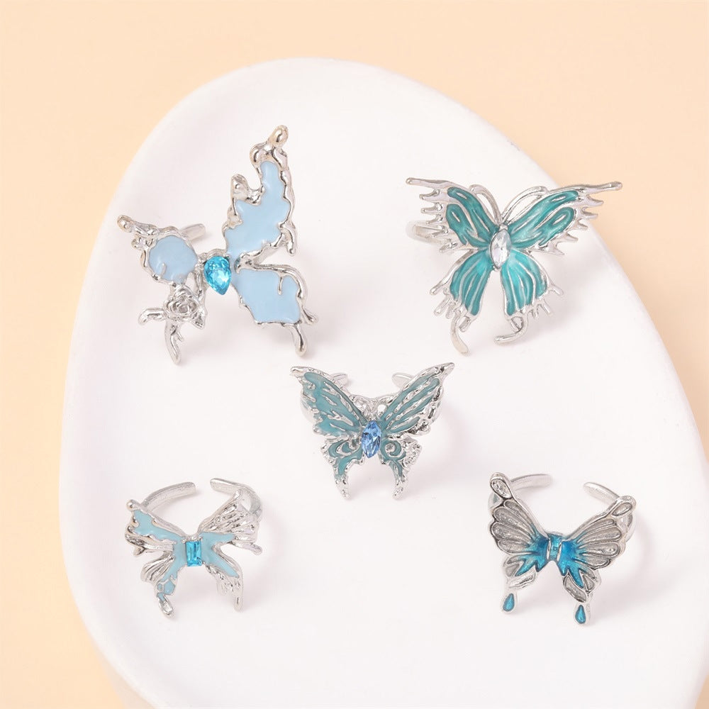 IG Style Cute Butterfly Enamel Rhinestone Silver Plated Women's Open Ring Set