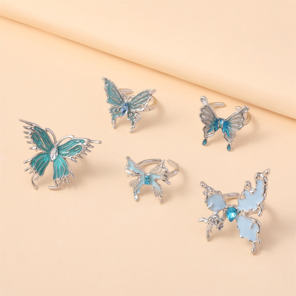 IG Style Cute Butterfly Enamel Rhinestone Silver Plated Women's Open Ring Set