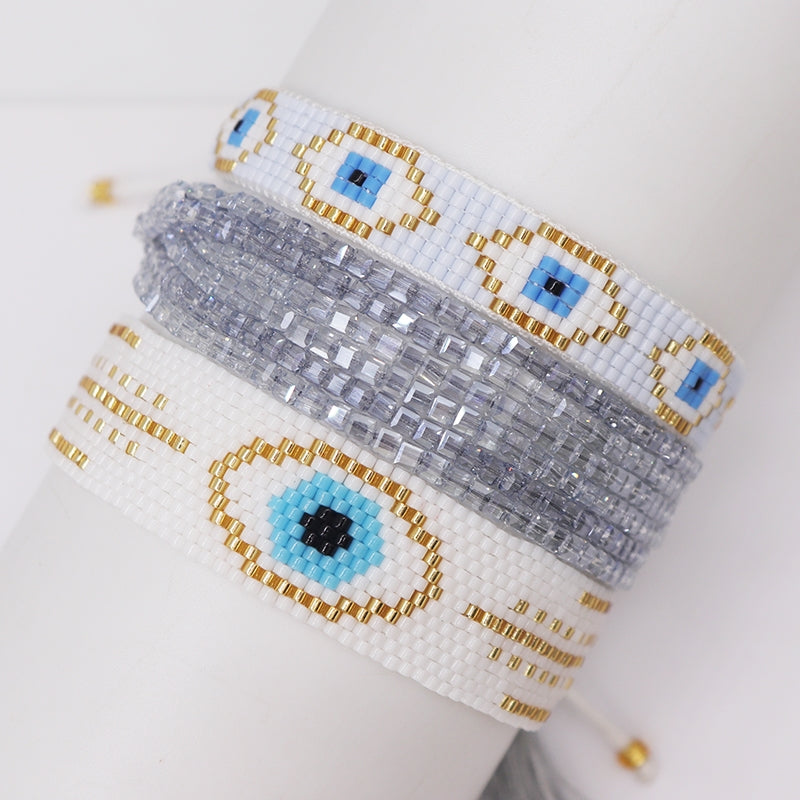 IG Style Evil Eye Crystal Glass Knitted Women's Bracelet Set - Handmade Multilayer Miyuki Tassel Design