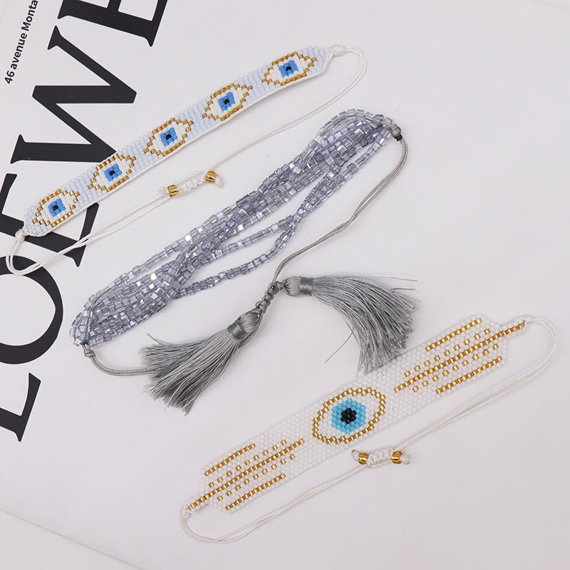 IG Style Evil Eye Crystal Glass Knitted Women's Bracelet Set - Handmade Multilayer Miyuki Tassel Design