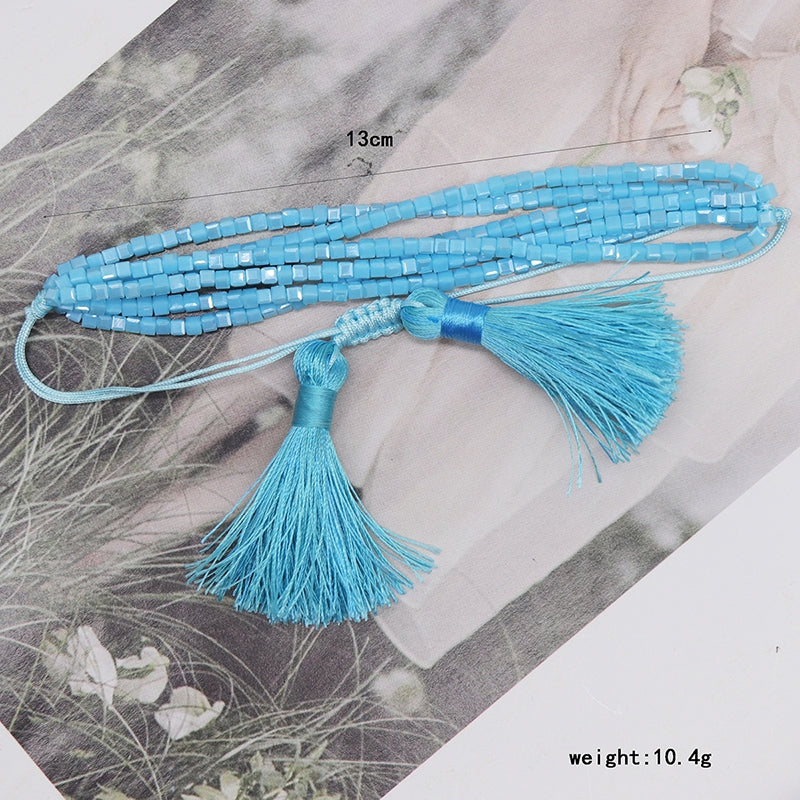 IG Style Evil Eye Crystal Glass Knitted Women's Bracelet Set - Handmade Multilayer Miyuki Tassel Design