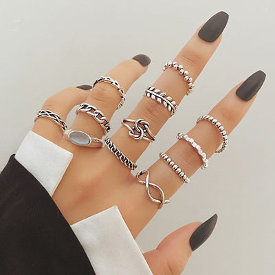 IG Style Vintage Geometric Silver Plated Women's Ring Set - 12 Pieces
