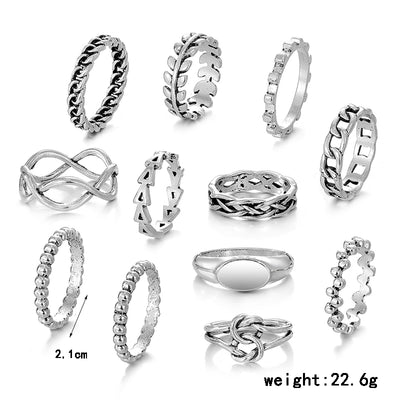 IG Style Vintage Geometric Silver Plated Women's Ring Set - 12 Pieces