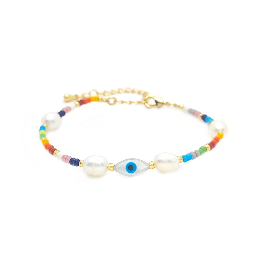 IG Style Geometric Freshwater Pearl and Beaded Evil Eye Bracelet Set