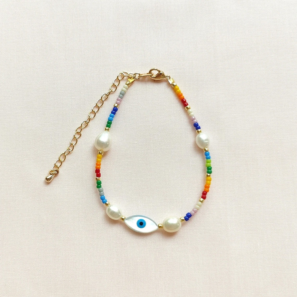 IG Style Geometric Freshwater Pearl and Beaded Evil Eye Bracelet Set
