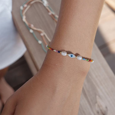 IG Style Geometric Freshwater Pearl and Beaded Evil Eye Bracelet Set