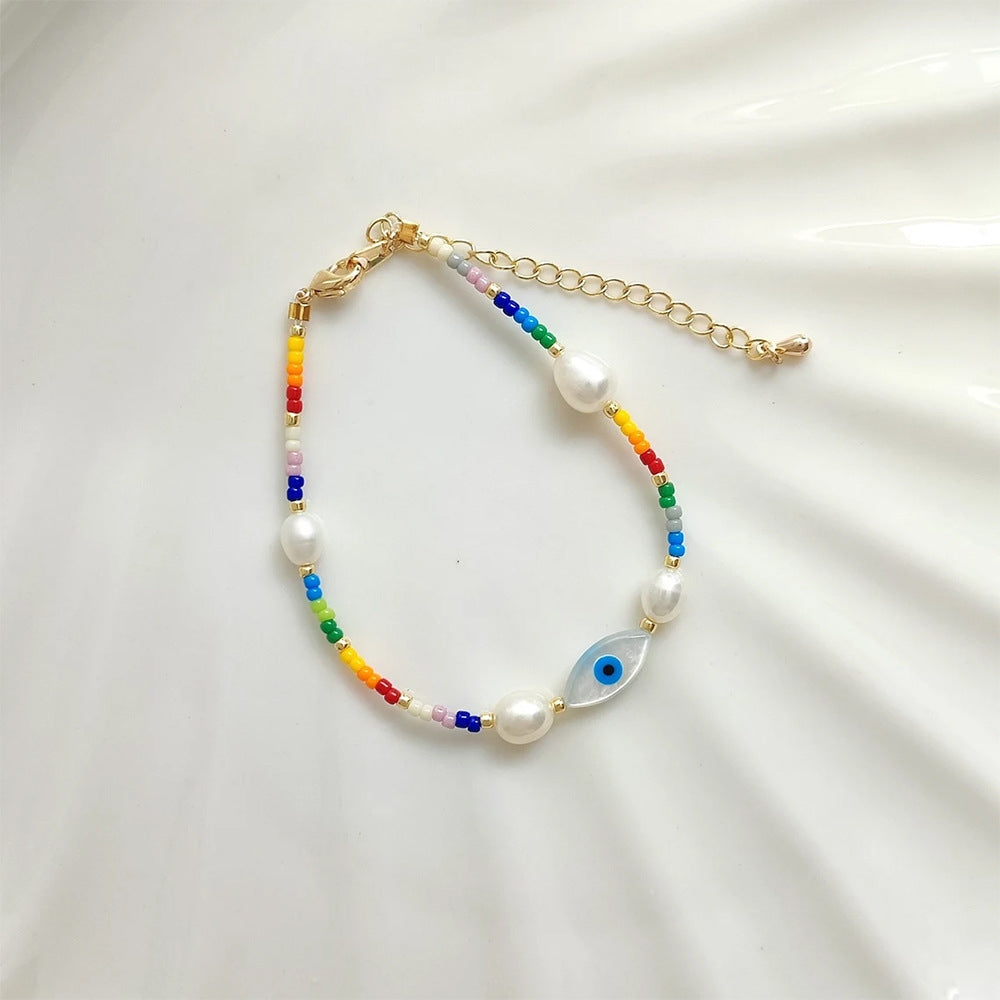 IG Style Geometric Freshwater Pearl and Beaded Evil Eye Bracelet Set