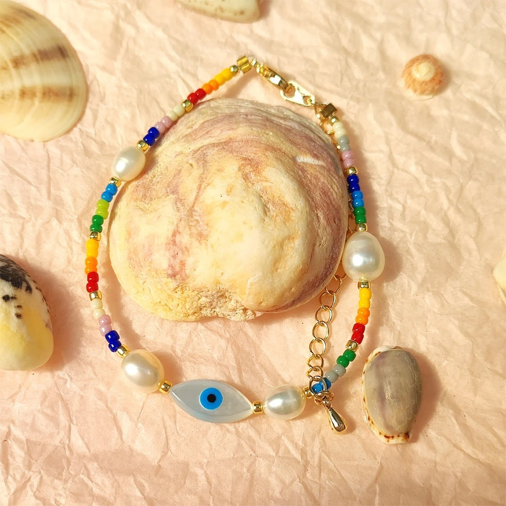 IG Style Geometric Freshwater Pearl and Beaded Evil Eye Bracelet Set