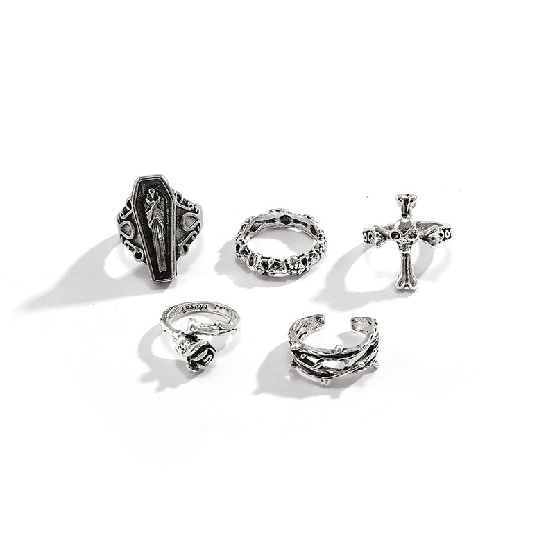 Gothic Punk Cross Heart Skull Alloy Unisex Open Ring Set