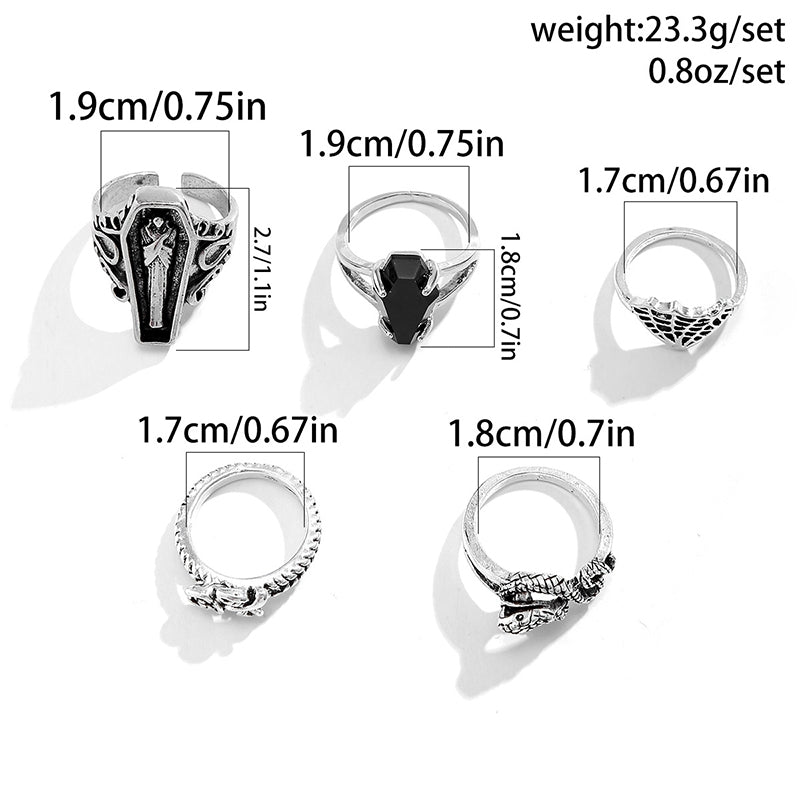 Gothic Punk Cross Heart Skull Alloy Unisex Open Ring Set