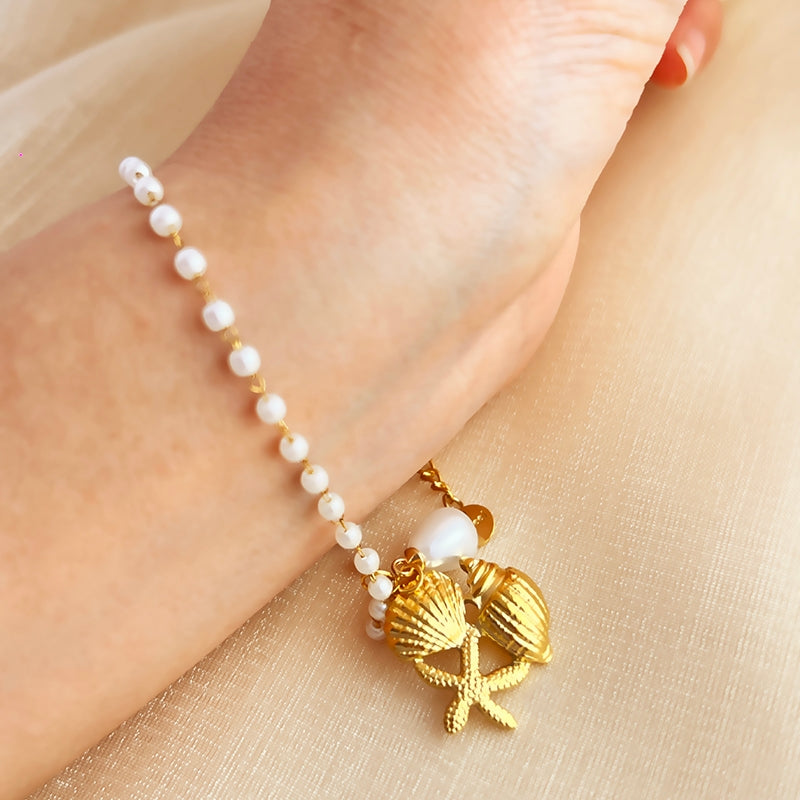 Hawaiian Starfish Conch Shell Pearl 18K Gold Plated Stainless Steel Bracelet for Women